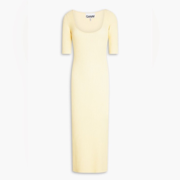 Ganni Dresses & Skirts - Ganni melange Pale Yellow Ribbed Scoop-Neck Knit midi Dress size medium